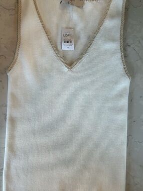 NEW White LOFT V-Neck Sleeveless Knit Tank Top With Tan Trim M NWT